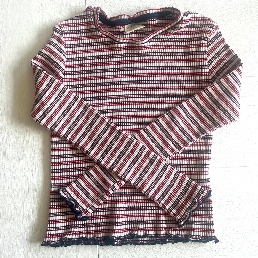 ZARA Kids Red White and Blue Striped Ribbed Long Sleeve Top